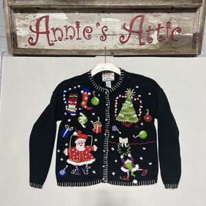Heirloom Collectibles Petites Holiday Christmas Sweater Cardigan Size PP Santa M
